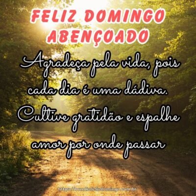 Feliz domingo abençoado! Agradeça pela vida, pois cada dia é uma dádiva. Cultive gratidão e espalhe amor por onde passar.