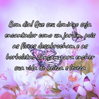 Bom dia! Que seu domingo seja encantador como um jardim, pois as flores desabrocham e as borboletas dançam para encher sua vida de beleza e leveza.