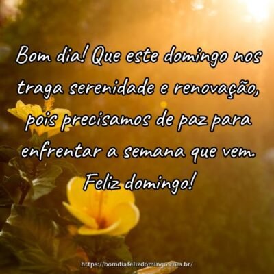 Bom dia! Que este domingo nos traga serenidade e renovação, pois precisamos de paz para enfrentar a semana que vem. Feliz domingo! Bom dia! Que este domingo nos traga serenidade e renovação, pois precisamos de paz para enfrentar a semana que vem. Feliz domingo!