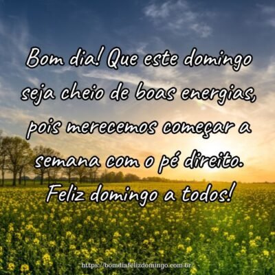 Bom dia! Que este domingo seja cheio de boas energias, pois merecemos começar a semana com o pé direito. Feliz domingo a todos! Bom dia! Que este domingo seja cheio de boas energias, pois merecemos começar a semana com o pé direito. Feliz domingo a todos!