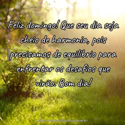 Feliz domingo! Que seu dia seja cheio de harmonia, pois precisamos de equilíbrio para enfrentar os desafios que virão. Bom dia! Feliz domingo! Que seu dia seja cheio de harmonia, pois precisamos de equilíbrio para enfrentar os desafios que virão. Bom dia!