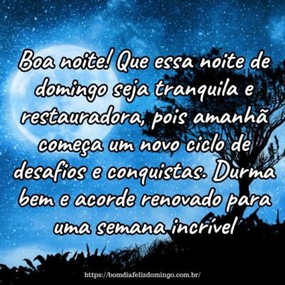 Boa noite! Que essa noite de domingo seja tranquila e restauradora, pois amanhã começa um novo ciclo de desafios e conquistas. Durma bem e acorde renovado para uma semana incrível