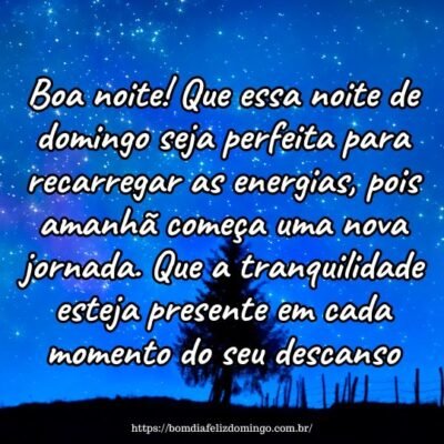 Boa noite! Que essa noite de domingo seja perfeita para recarregar as energias, pois amanhã começa uma nova jornada. Que a tranquilidade esteja presente em cada momento do seu descanso.