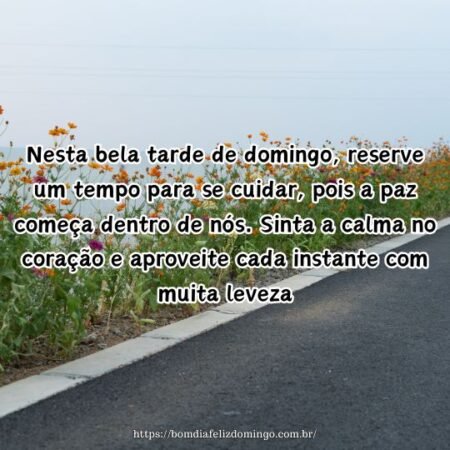 Nesta bela tarde de domingo, reserve um tempo para se cuidar, pois a paz começa dentro de nós. Sinta a calma no coração e aproveite cada instante com muita leveza.