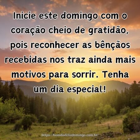 Inicie este domingo com o coração cheio de gratidão, pois reconhecer as bênçãos recebidas nos traz ainda mais motivos para sorrir. Tenha um dia especial!