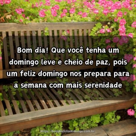 Bom dia! Que você tenha um domingo leve e cheio de paz, pois um feliz domingo nos prepara para a semana com mais serenidade. Bom dia! Que você tenha um domingo leve e cheio de paz, pois um feliz domingo nos prepara para a semana com mais serenidade.