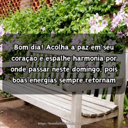 Bom dia! Acolha a paz em seu coração e espalhe harmonia por onde passar neste domingo, pois boas energias sempre retornam. Bom dia! Acolha a paz em seu coração e espalhe harmonia por onde passar neste domingo, pois boas energias sempre retornam.