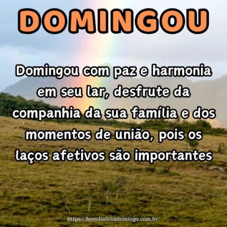 Domingou com paz e harmonia em seu lar, desfrute da companhia da sua família e dos momentos de união, pois os laços afetivos são importantes. Domingou com paz e harmonia em seu lar, desfrute da companhia da sua família e dos momentos de união, pois os laços afetivos são importantes.